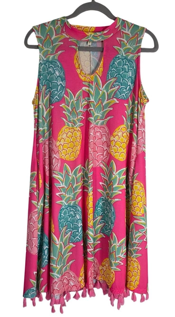 Simply Southern Dress Womens M Pink Pineapple Tropical Swing Tassel Hem Summer